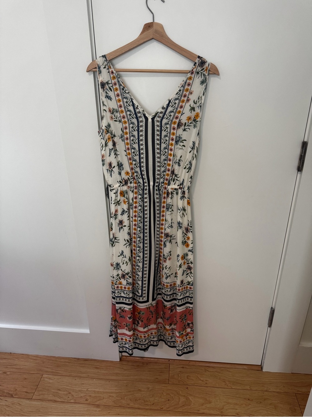 Lucky Brand Cream Maxi Dress with Yellow Floral and Coral Border